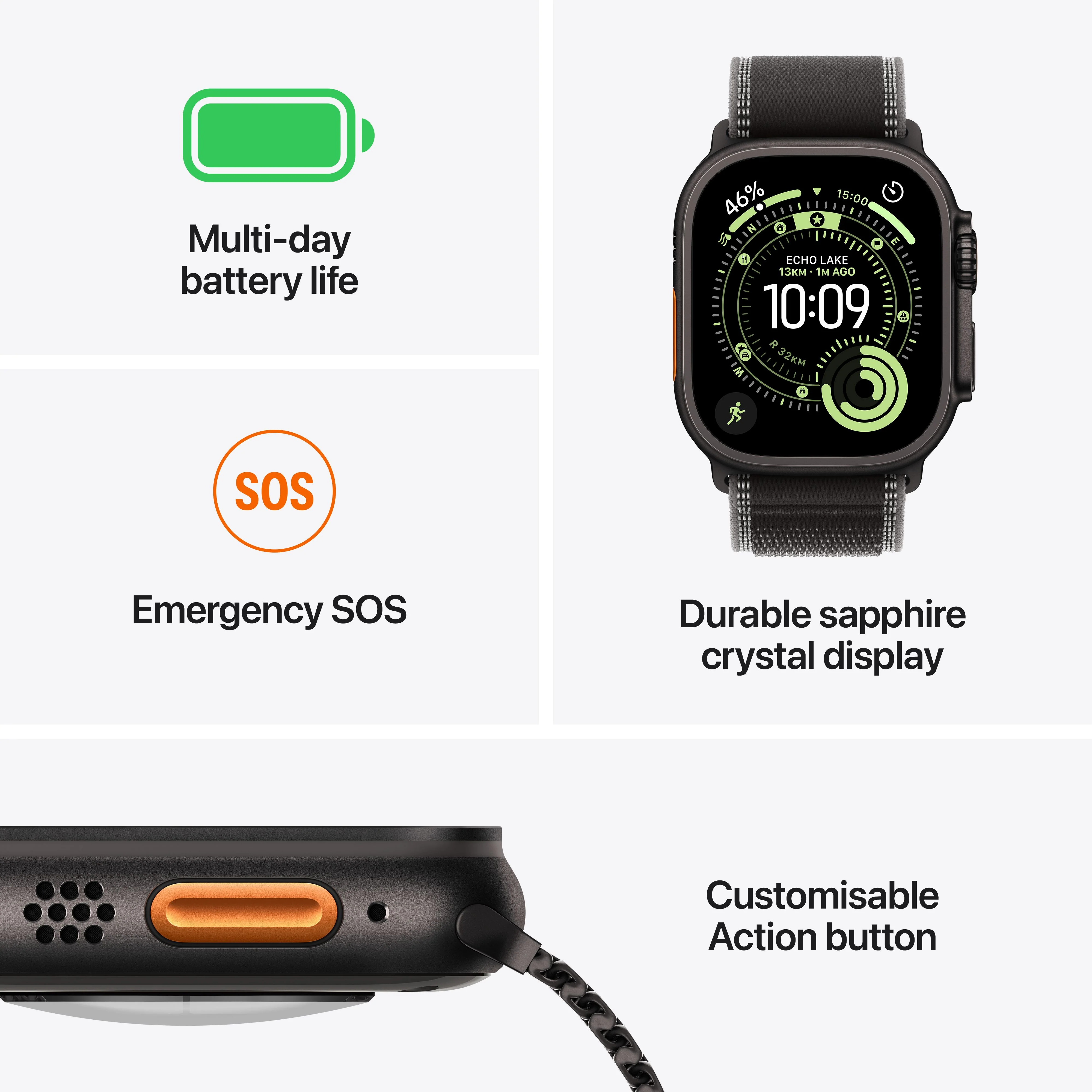 Apple Watch Ultra 3 GPS + Cellular 49mm Black Titanium Case with Black/Charcoal Trail Loop - M/L - Image 3