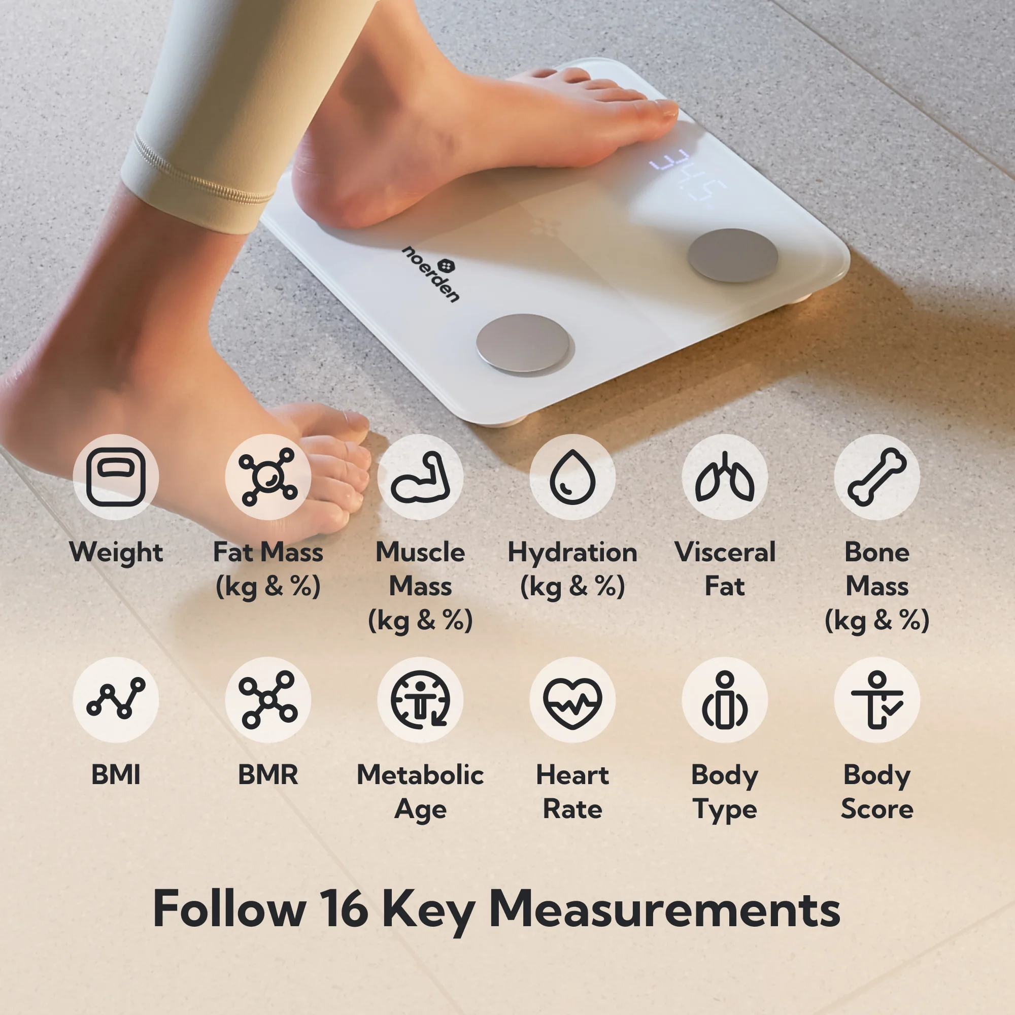 NOERDEN Minimi - White - Smart Body Scale - Bluetooth, LED Display, Tempered Glass, BIA Advanced Technology, 4 Precision sensors - Image 3