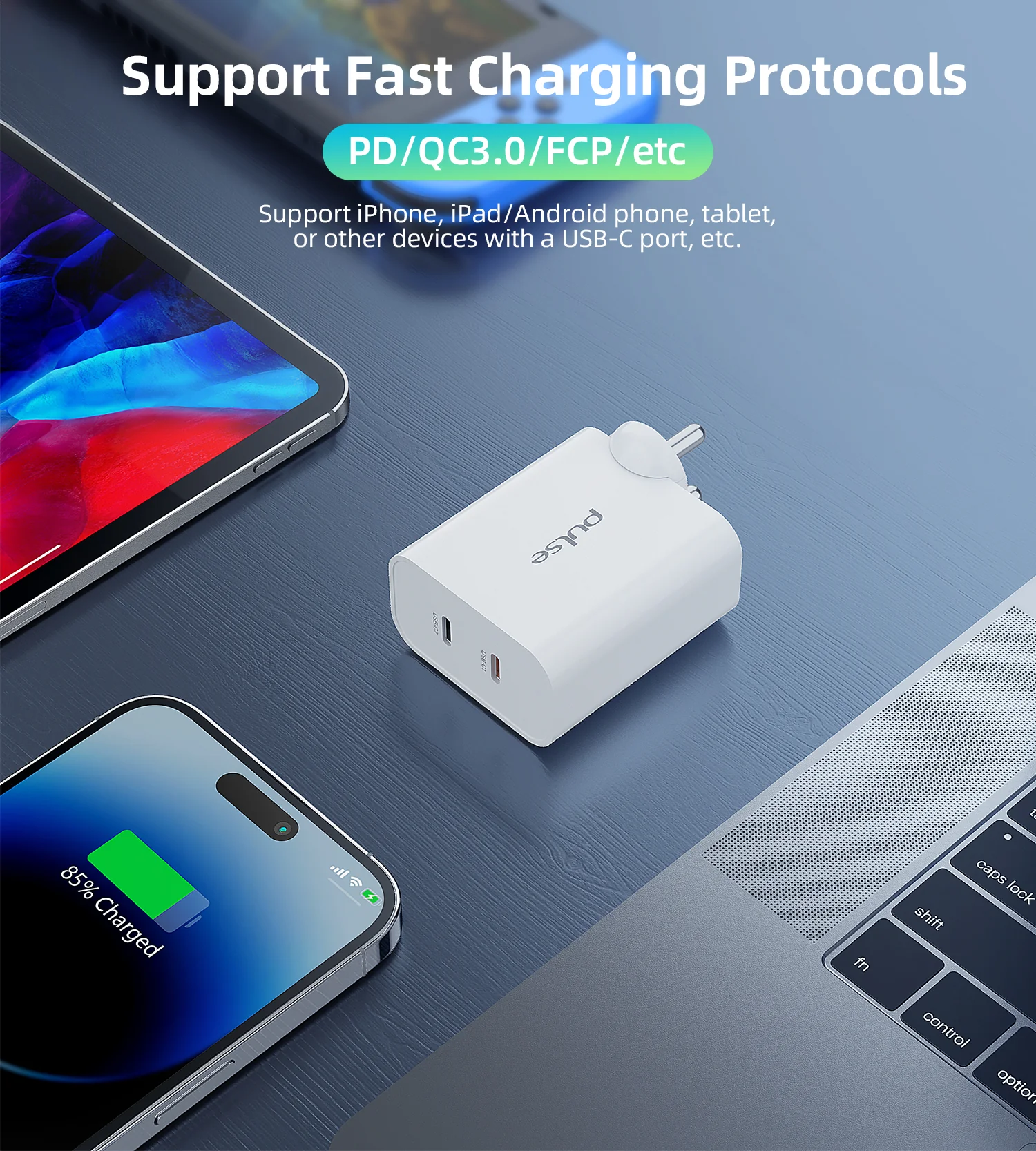 Pulse 65W Dual USB-C Gan PD Adapter - White - Image 5