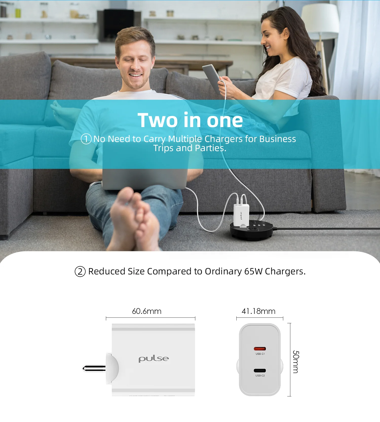 Pulse 65W Dual USB-C Gan PD Adapter - White - Image 6