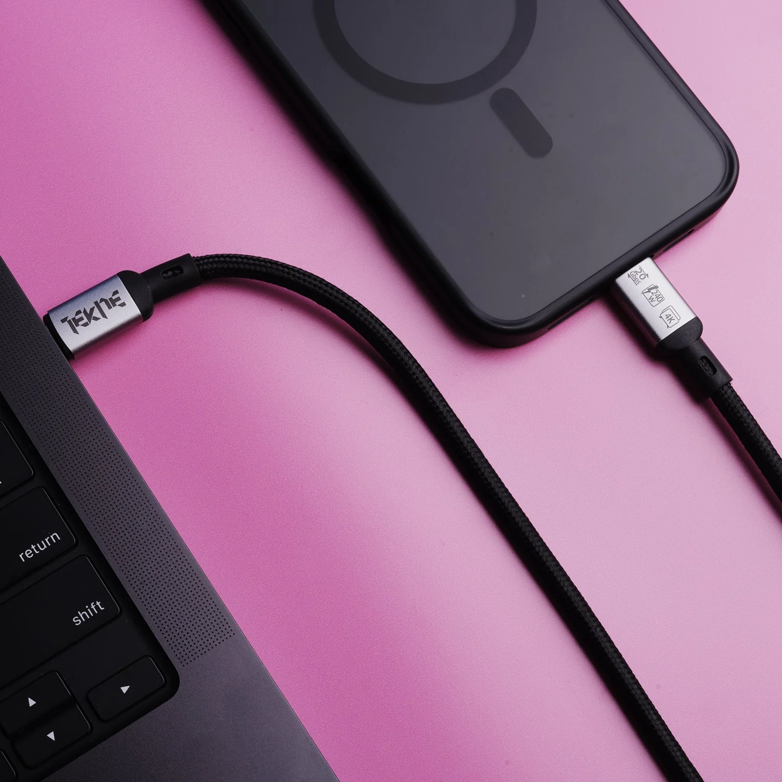 TEKNE 240W USB4 Braided Cable | Ultra-Fast Charging & 20Gbps Data Transfer | Durable 2m Cable - Black  - Image 4