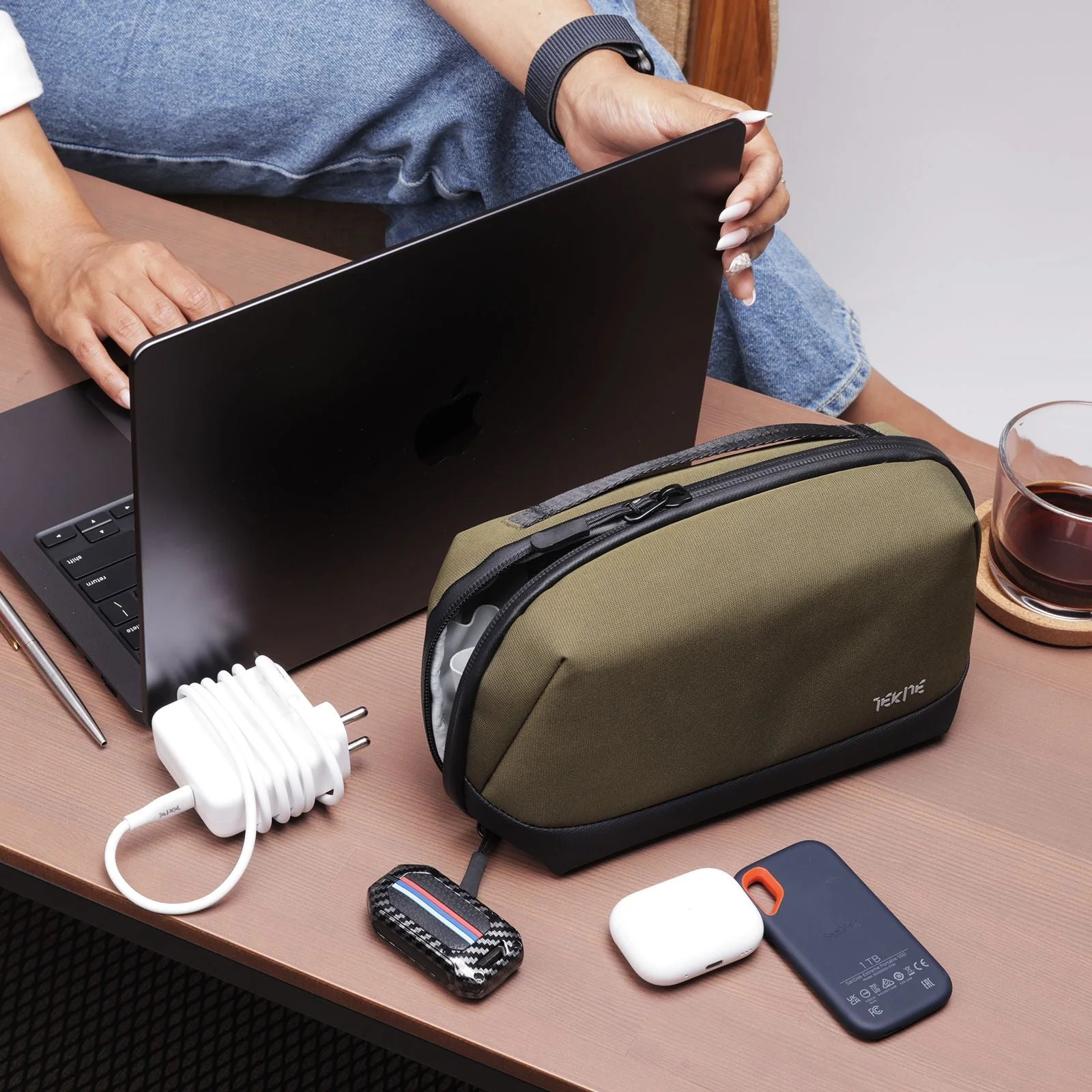 TEKNE Gadget Organiser | Water-Resistant Tech Pouch with Multiple Compartments | Olive Green | Travel-Friendly  - Image 7